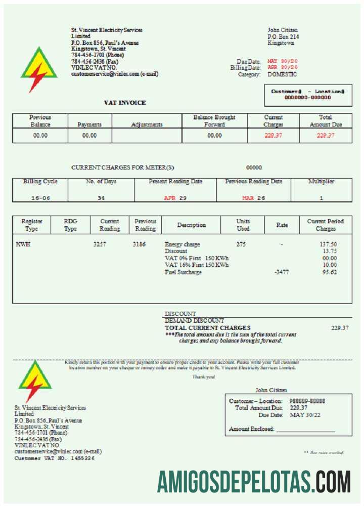 Para baxiar São Vicente e Granadinas São Vicente e Granadinas Serviços de Eletricidade Limitada Conta de Serviços Públicos Modelo Word e PDF